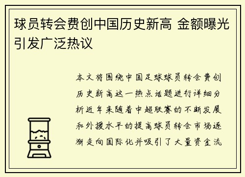 球员转会费创中国历史新高 金额曝光引发广泛热议