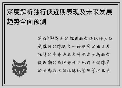 深度解析独行侠近期表现及未来发展趋势全面预测
