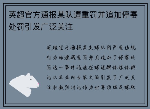 英超官方通报某队遭重罚并追加停赛处罚引发广泛关注
