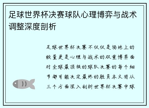 足球世界杯决赛球队心理博弈与战术调整深度剖析