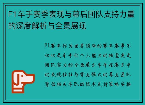 F1车手赛季表现与幕后团队支持力量的深度解析与全景展现